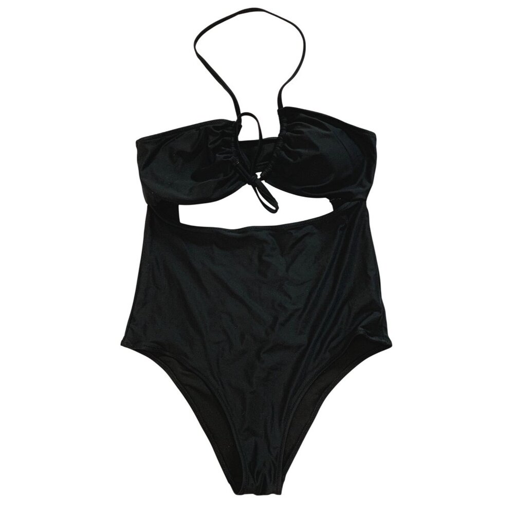Aerie Black Bandeau One-Piece Swimsuit M/L RY10392 Cutout Halter Island Cruise